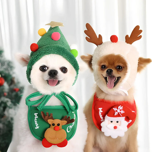 Christmas pet hat and saliva towel set with deer design for dogs and cats up to 15kg