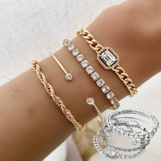 Sparkling crystal bracelets in various geometric designs, adorned with shimmering rhinestones for a luxurious and fashionable accessory
