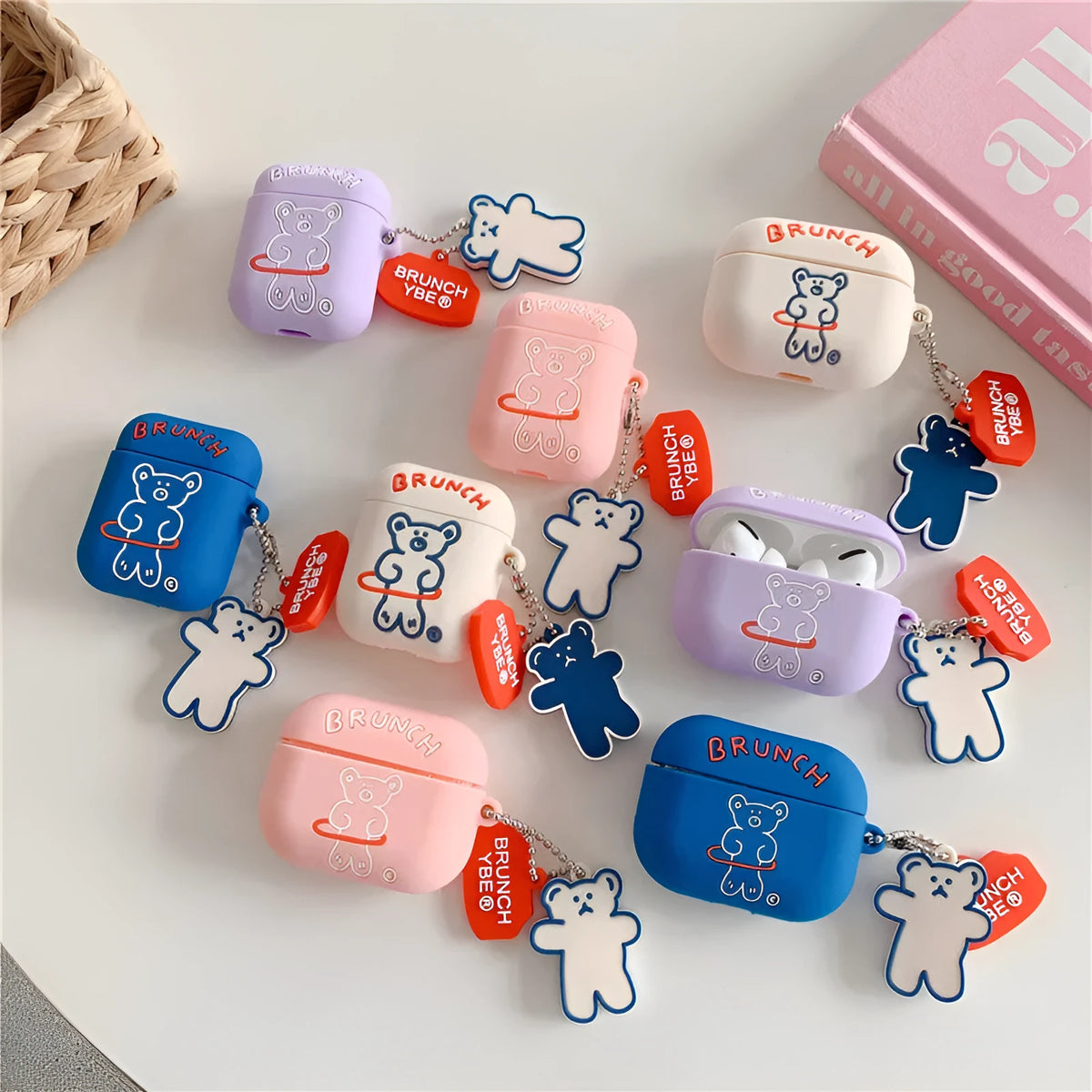 Silicone flip case for AirPods Pro and AirPods 1 2 3 generation with hula hoop bear design and pendant