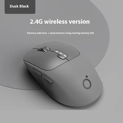 Mute wireless Bluetooth computer mouse in Matcha Green colour on a desk, showing its compact size and 5-button layout.