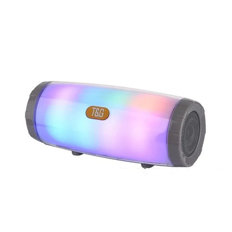 Outdoor portable Bluetooth speaker with coloured LED lights in a PU leather shell, shown in blue.