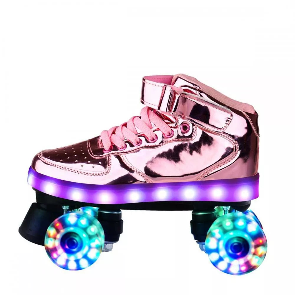Double roller skates with flashing wheels in pink, golden, and silver options