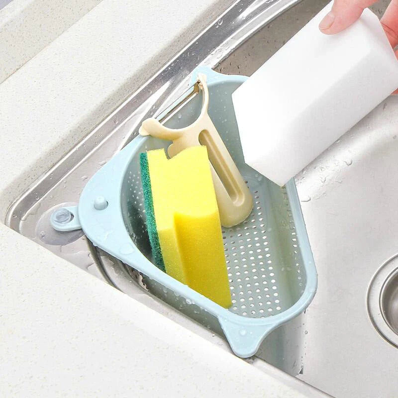 Multifunctional dish drying rack with raised edges and triangle shape for convenient storage of sponges, scrubbers, and soap in kitchen sinks
