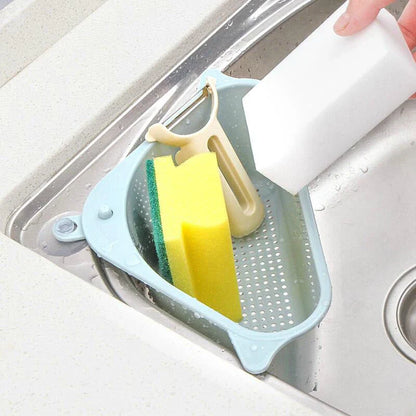 Multifunctional dish drying rack with raised edges and triangle shape for convenient storage of sponges, scrubbers, and soap in kitchen sinks