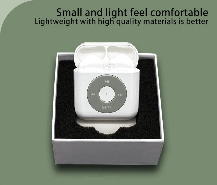 White wireless Bluetooth earphones with semi in-ear design and charging case featuring 32g memory