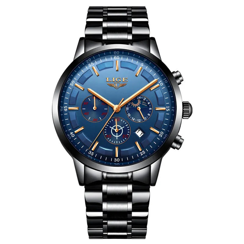 Men's waterproof quartz sports watch with moon display in black and rose red gold