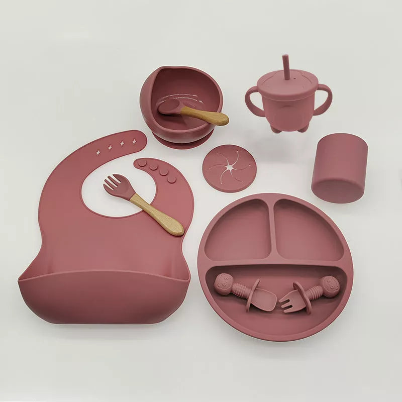 10-piece baby feeding silicone tableware set in various colors, safe and durable for first meals
