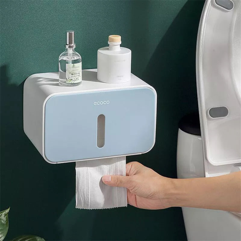 Wall mounted waterproof toilet paper holder with transparent window in grey, black, or blue