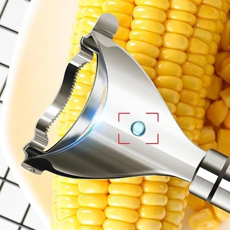 Stainless steel corn planer for removing kernels from corn on the cob.