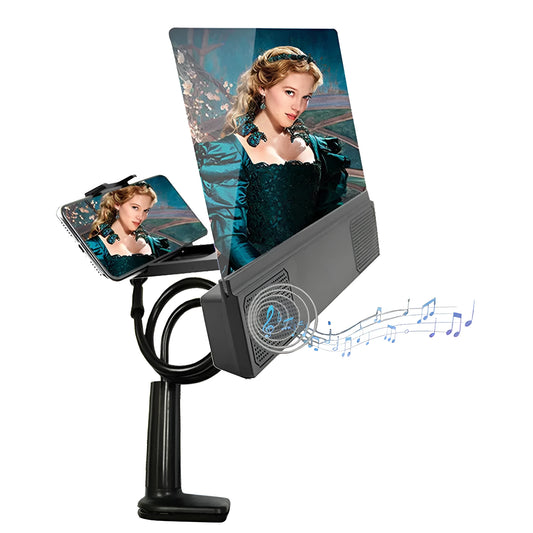 12-inch mobile phone screen amplifier with flexible gooseneck stand magnifying a smartphone display on a table.