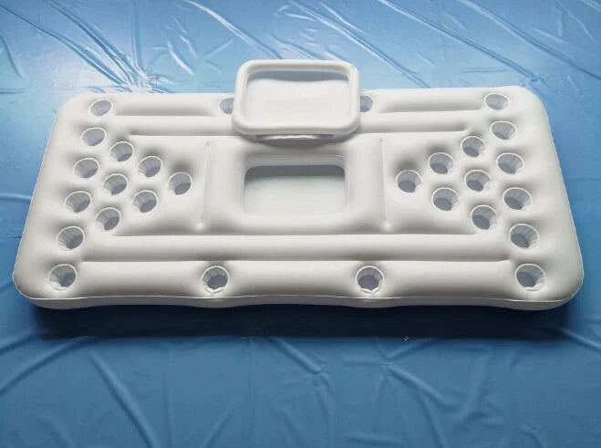 White inflatable beer pong table with built-in cooler floating in pool