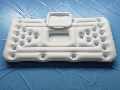White inflatable beer pong table with built-in cooler floating in pool