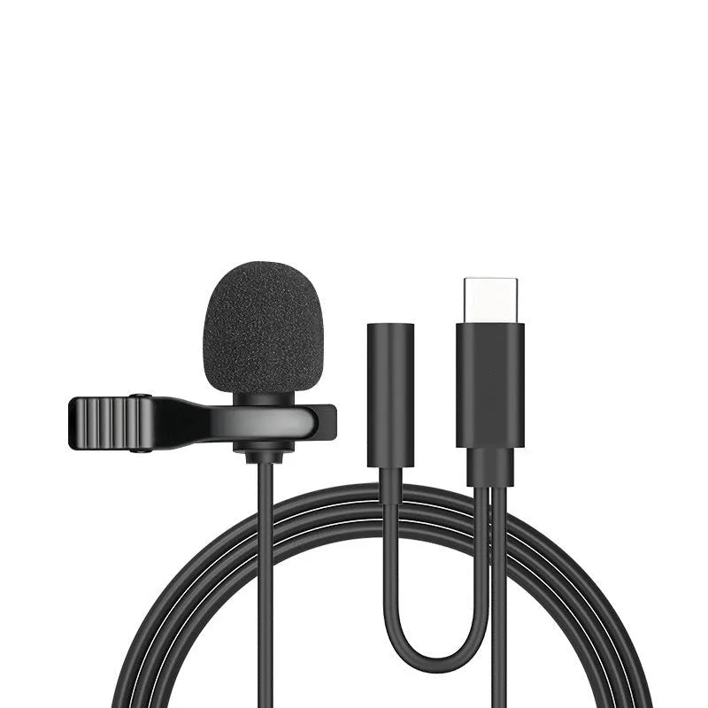 Wired lavalier microphone with clip and in-ear headphones for iPhone and 3.5mm devices.