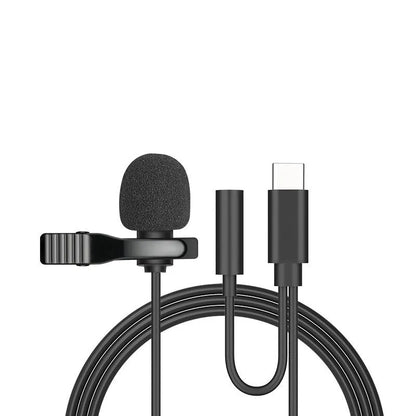 Wired lavalier microphone with clip and in-ear headphones for iPhone and 3.5mm devices.