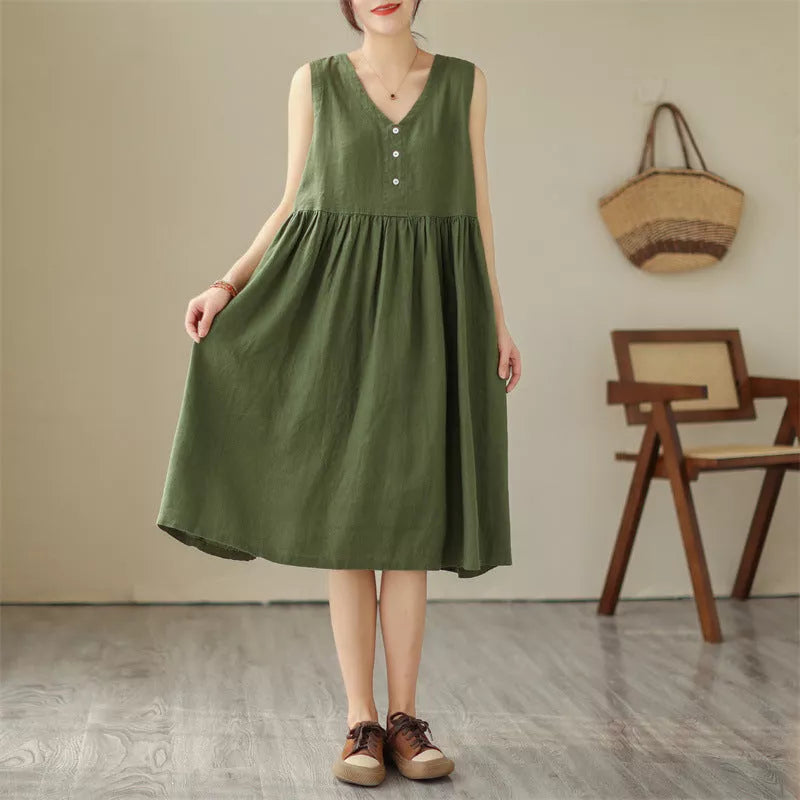 Japanese cotton linen sleeveless summer dress in green and beige with V-neck design