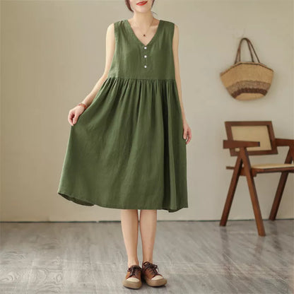 Japanese cotton linen sleeveless summer dress in green and beige with V-neck design