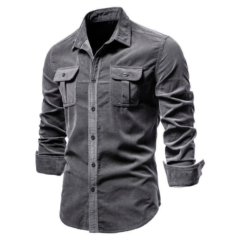 Men's long-sleeve linen shirt in Denim Blue colour, showing button front and sleeve detail