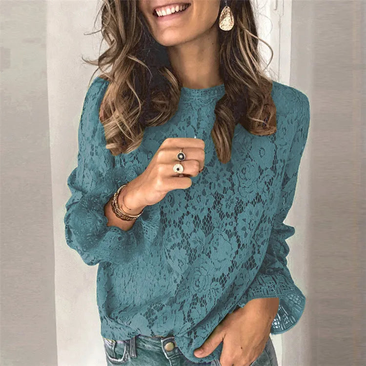 Women's hollow lace shirt with zipper detail and perspective stitching in loose medium length fit