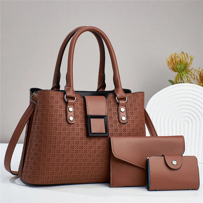 Textured PU leather three-piece women's crossbody bag in a square vertical shape, shown in apricot colour.