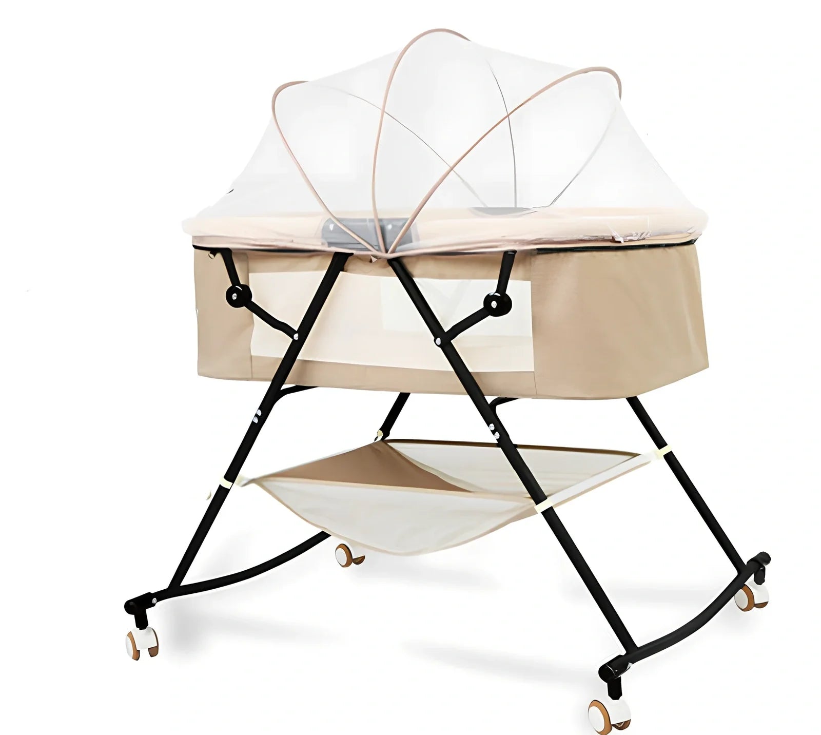 European foldable baby crib with mosquito net showing 54.5cm width and roller wheels