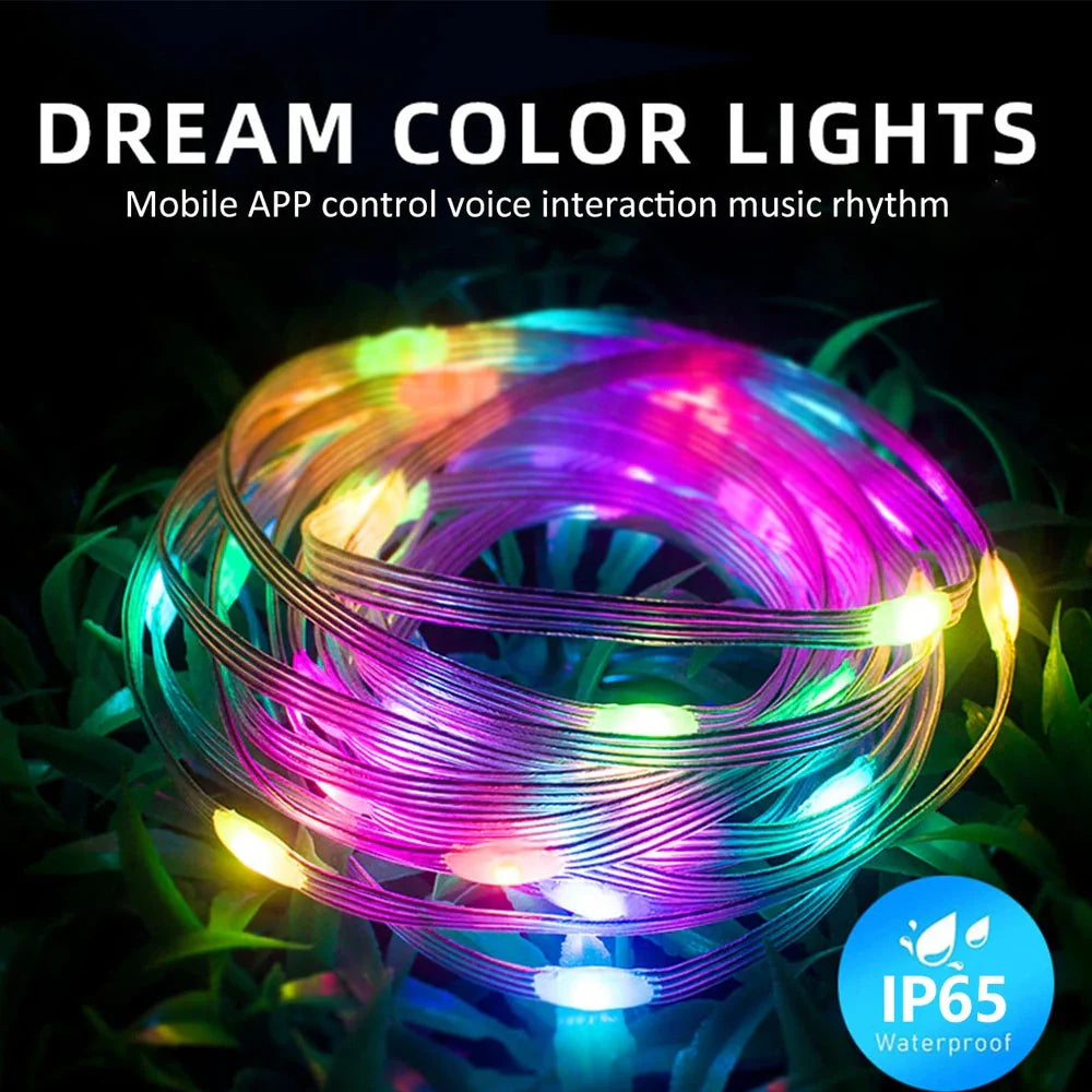 Bluetooth-controlled LED light string with 100 programmable lights in 10-metre length for custom lighting patterns