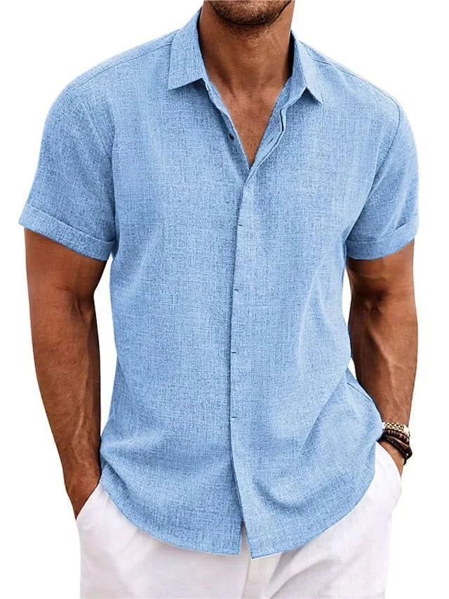 A versatile linen shirt in various colors, featuring a standing collar and short sleeves for a modern, tailored look.