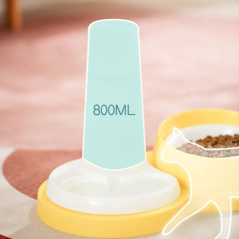 Grey and yellow double pet feeding bowl with raised neck protection and non-slip base.