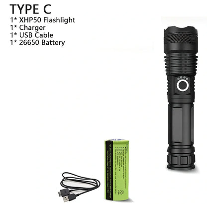 Black aviation aluminium LED torch with telescopic zoom lens showing extended and retracted positions