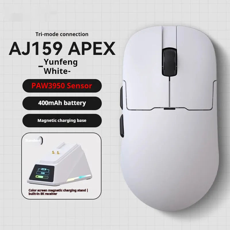 AJ159 gaming mouse in various colours showing its compact shape and Teflon foot pads.