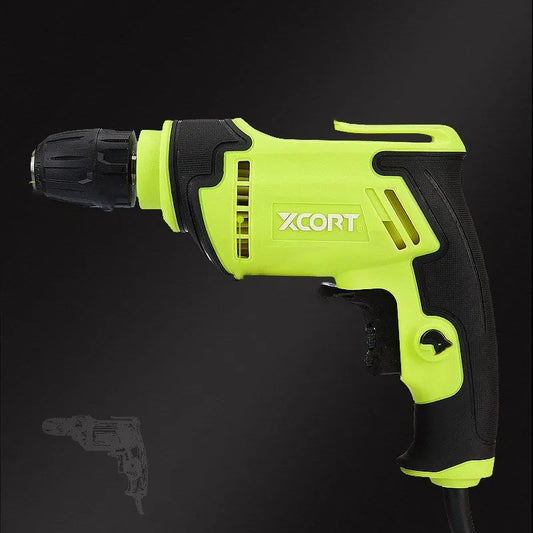 Pistol-grip electric drill with 450W motor, 10mm chuck, measuring 24cm by 24cm by 7cm