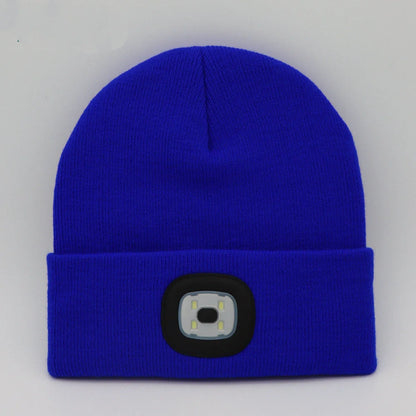LED knit hat with glowing light for nighttime visibility and warmth