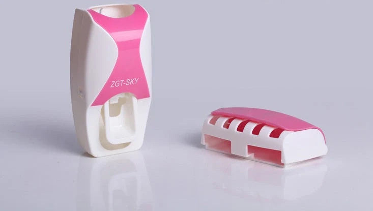 Automatic toothpaste squeezer and toothbrush holder set in durable plastic