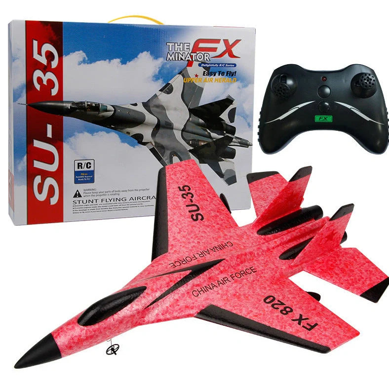 Blue fixed-wing educational toy aeroplane with 390mm length demonstrating flight with remote control