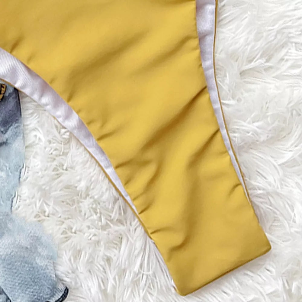 Women's bright yellow triangle strap swimsuit with adjustable fit