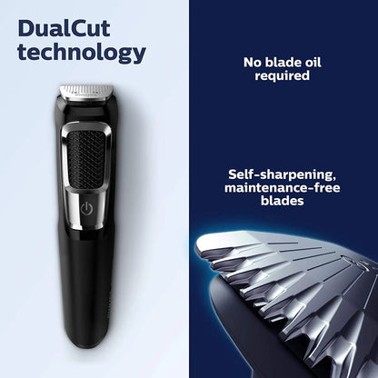 Men's nose hair and beard trimmer with cleaning brush and charging cable on a white background.