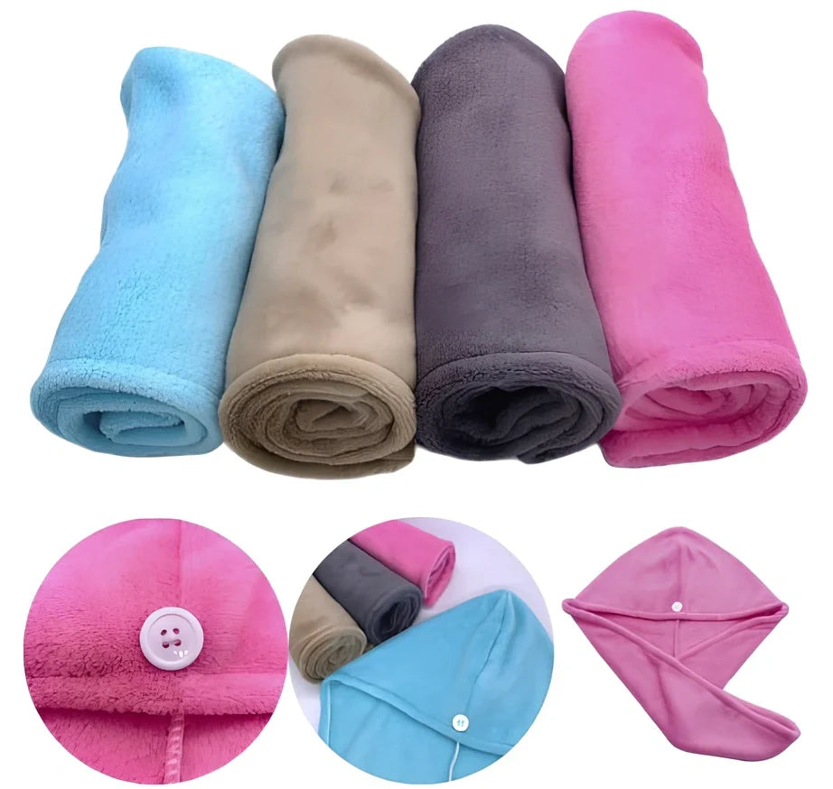 Pink microfiber hair drying towel measuring 25x65cm with button fastening shown wrapped around hair