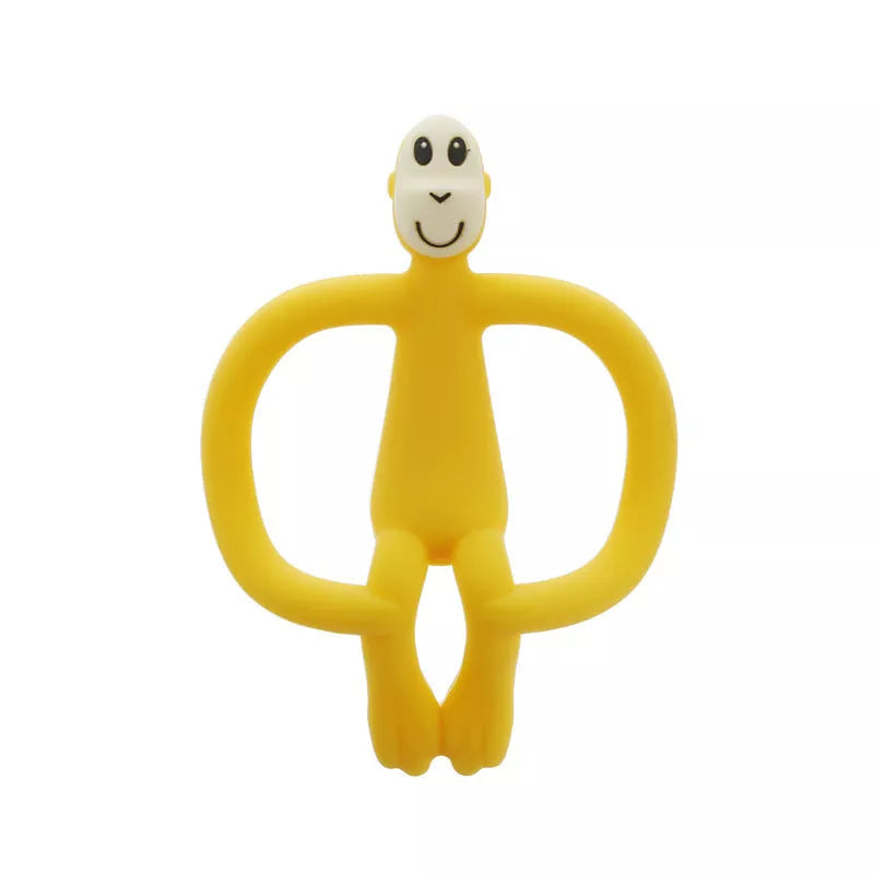 Food grade silicone banana teether toy for babies in yellow, pink, and blue