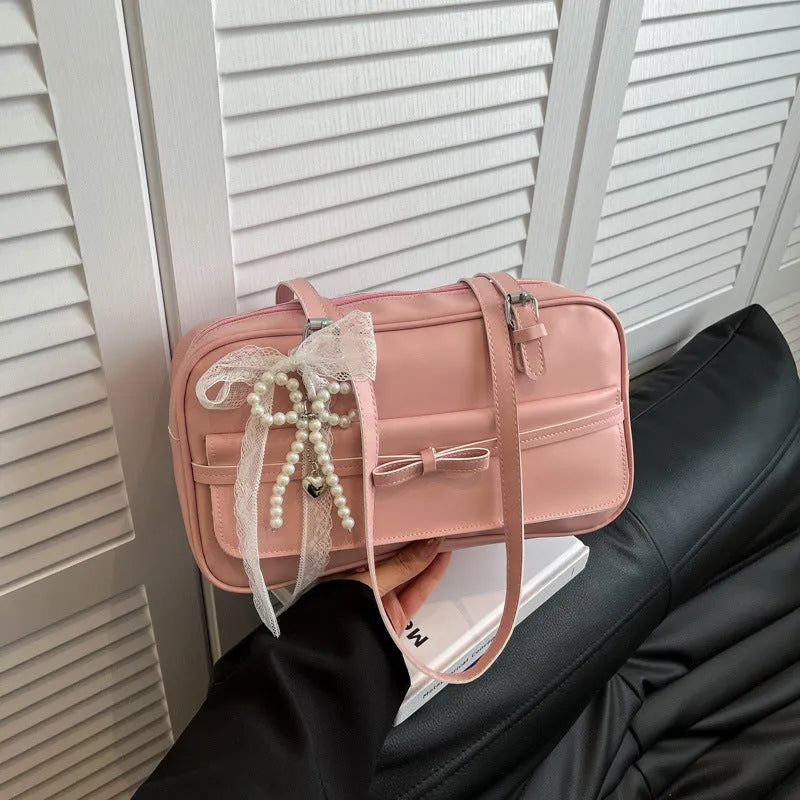 PU single-shoulder flap bag in horizontal square shape with mobile phone compartment and bow decorations