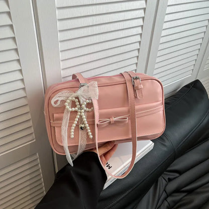 PU single-shoulder flap bag in horizontal square shape with mobile phone compartment and bow decorations