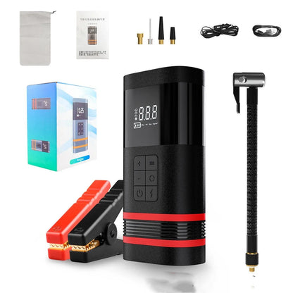 Black wireless car jump starter power bank with emergency lighting and USB charging ports
