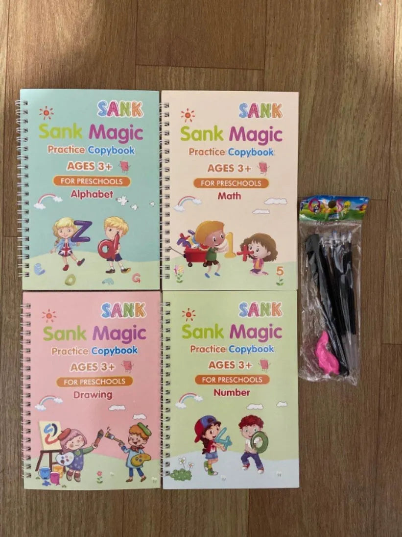 Magic calligraphy copybook set with stylus for children's handwriting practice showing 3D slot design