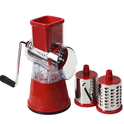 Manual stainless steel drum cutter with blue finish and hand crank for vegetable slicing