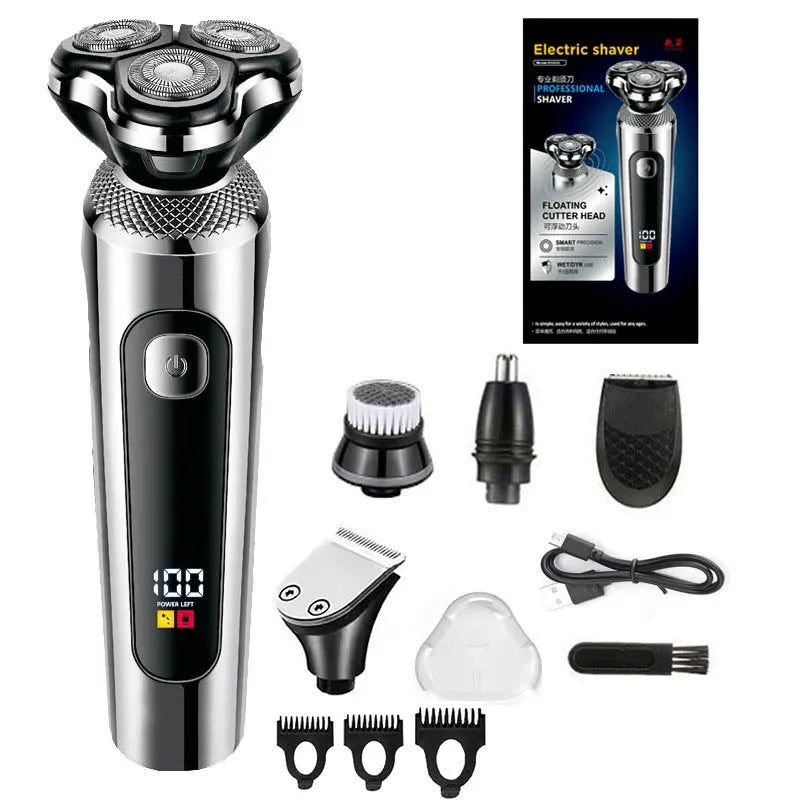 USB rechargeable beard trimmer with digital display and floating cutter head on five-in-one base bracket