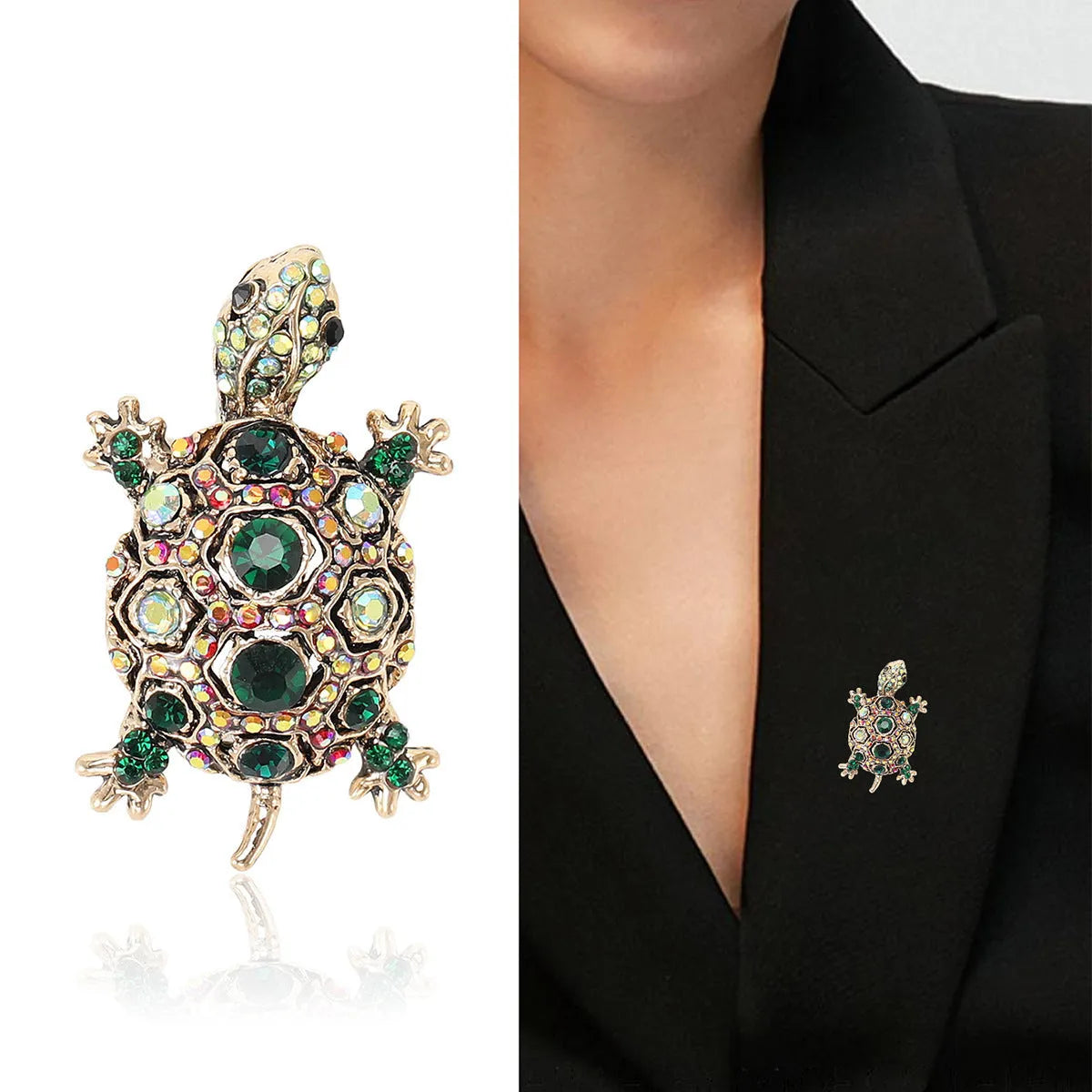 Retro rhinestone turtle brooch pin in blue green or red colours with animal modelling design