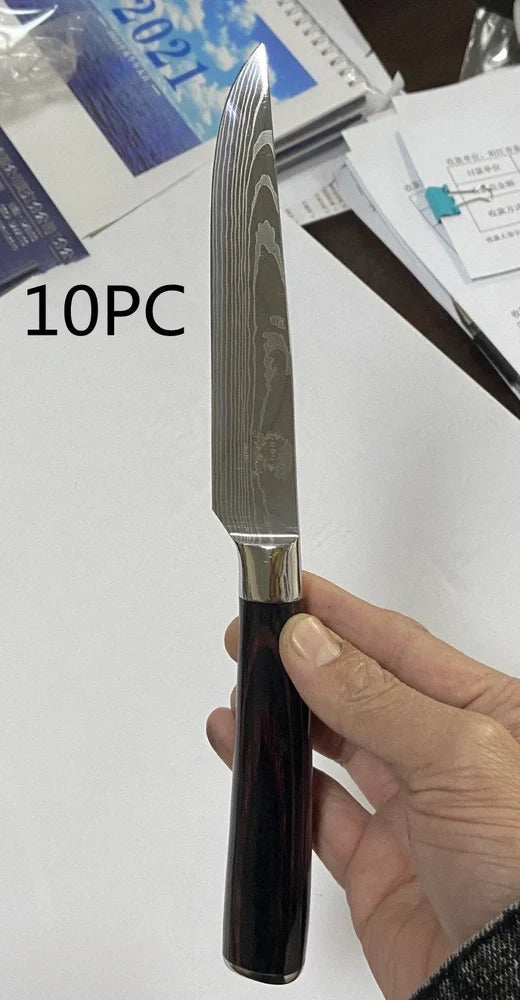Coloured wooden handle steak knife with serrated stainless steel blade for cutting meats and fruits