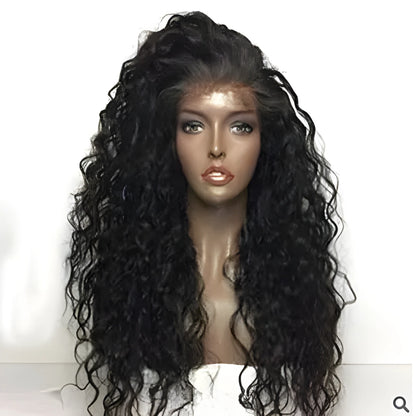 Front lace long curly wig in chemical fibre with domestic silk, available in 14 to 26 inch lengths for women
