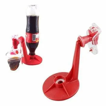 Red plastic soda dispenser attached to inverted 2-litre bottle with push-button mechanism