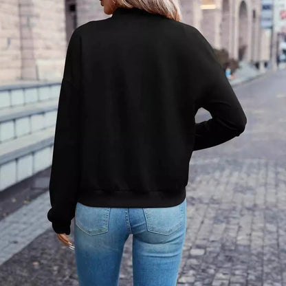 Black women's zip jacket with long sleeves and faux pockets in Japanese Korean casual style