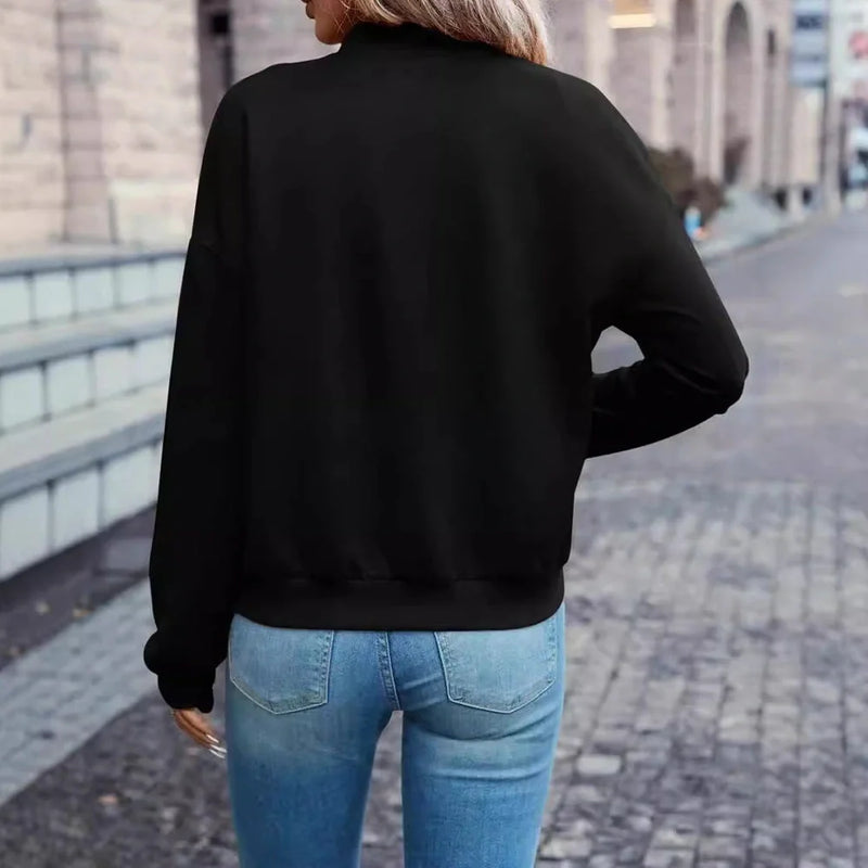 Solid colour faux pocket zip jacket for autumn and winter wear, featuring a long sleeve design with a casual Japanese and Korean style, available in sizes S to XXL with a black polyester construction