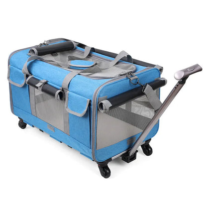 Foldable Oxford fabric pet trolley bag, 17.50kg load rating, shown in solid beige, blue, dark grey, grey and pink